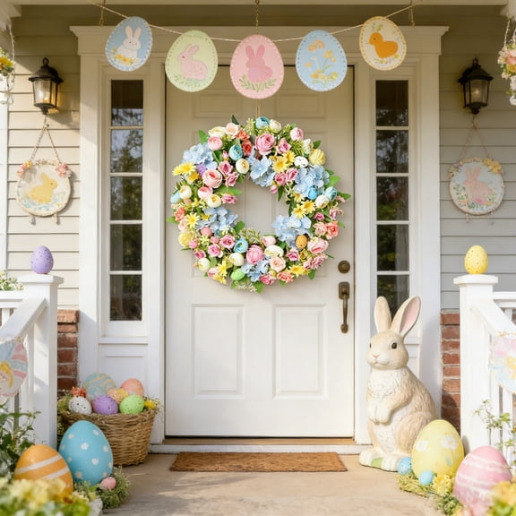 Front Door Easter Wreath Artificial Green Leaves Flowers Eggs Round Door Hanging Decoration 45cm Indoor Outdoor Spring Home Garden Wall Porch Party Farmhouse Seasonal Decor Gift