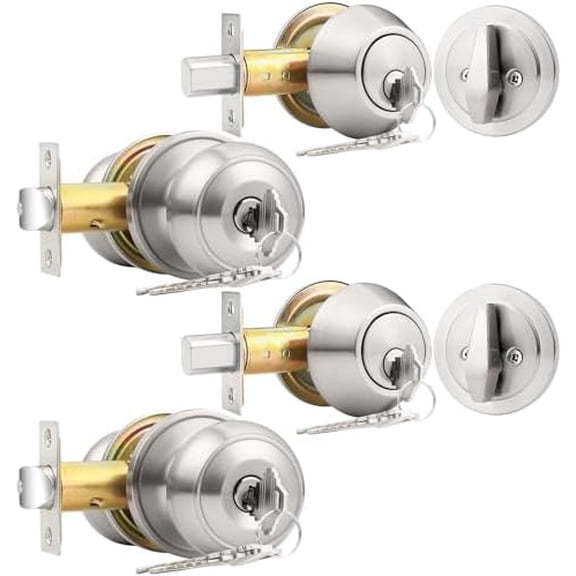 Front Door Entry Handles Lockset and Single Cylinder Deadbolt Combination Set, Satin Nickel (2 Pack) Keyed Alike