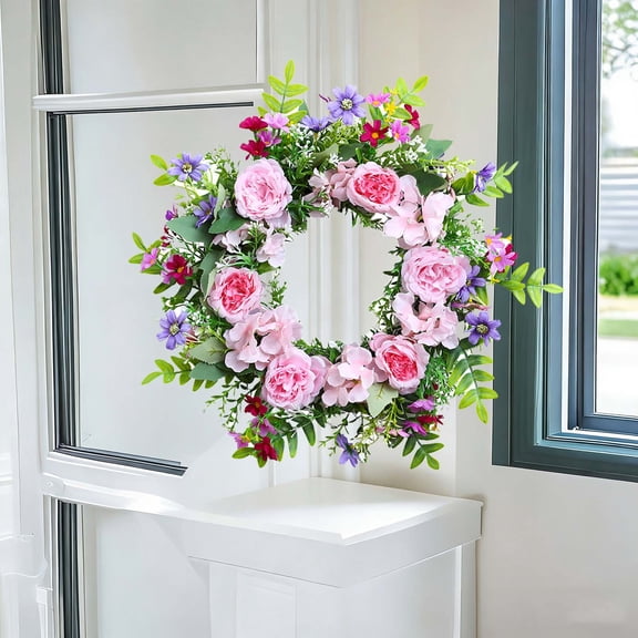 Front Door Floral Crown, Fragrant Artificial Flower Wreath with Ferns, Outdoor Porch Hanging Decor, Spring Summer Welcome Garland for Entryway