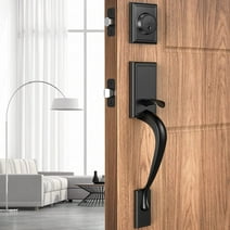 Front Door Handle, Brightify Front Door Handle Sets with Deadbolt, Single Cylinder Reversible Door Lock Set with Handle Lever, Matte Black Door Handles(Square Arc)