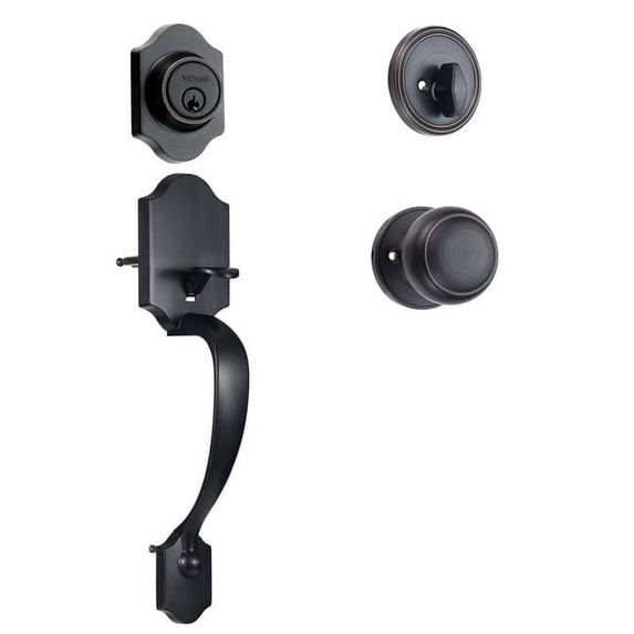 Front Door Handle & Deadbolt Set, Antique Copper Front Door Lock Set with Interior Knob, Adjustable Hole Spacing Single Cylinder Handleset