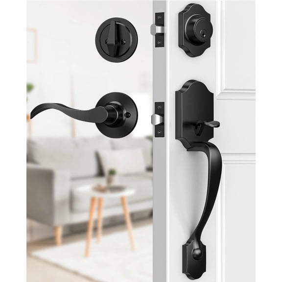 Front Door Handle and Deadbolt Set, Front Door Lock Set, Front Door Handles with Lever, Single Cylinder Exterior Door Handle, Reversible for Right&Left Handed