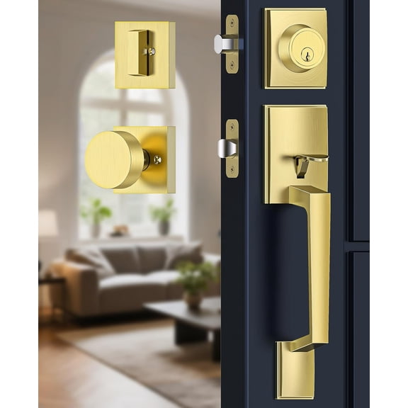 Front Door Handle and Deadbolt Set, Gold Front Door Lock Set with Modern Knob, Exterior Entry Lock with Adjustable Single Cylinder Deadbolt, Reversible for Right & Left
