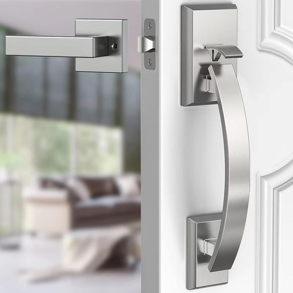 Front Door Handle Satin Nickel Adjustable, Heavy 12.7in Exterior Entry Knob, Silver, Reversible
