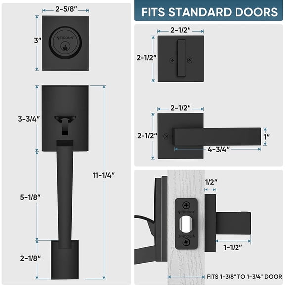 Front Door Handle Set, Heavy Duty Square Door Lever & Single Cylinder Deadbolt Combo Reversible for Entrance Exterior Doors (Matte Black)