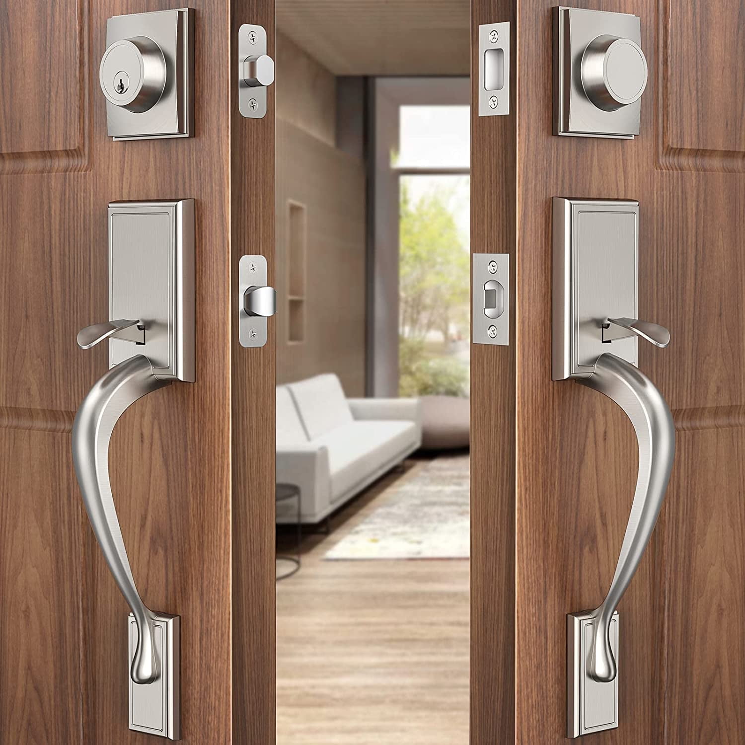 Front Door Handle Set, Scifil Double Front Door Lock Set, Large Entry Door  Handleset with Lever and Keys, Exterior Door Handle and Deadbolt Set for