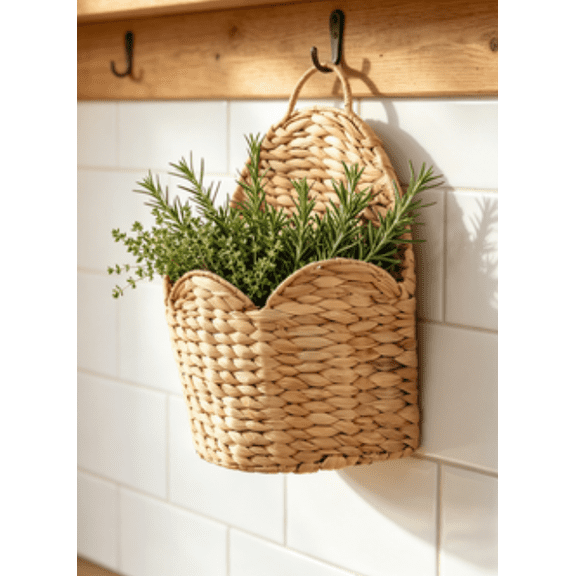 Front Door Hanging Basket: Decorative Water Hyacinth Wall Basket with Scalloped Edge, Perfect Hanging Storage for Flowers, Planters, Mails and Garden Essentials