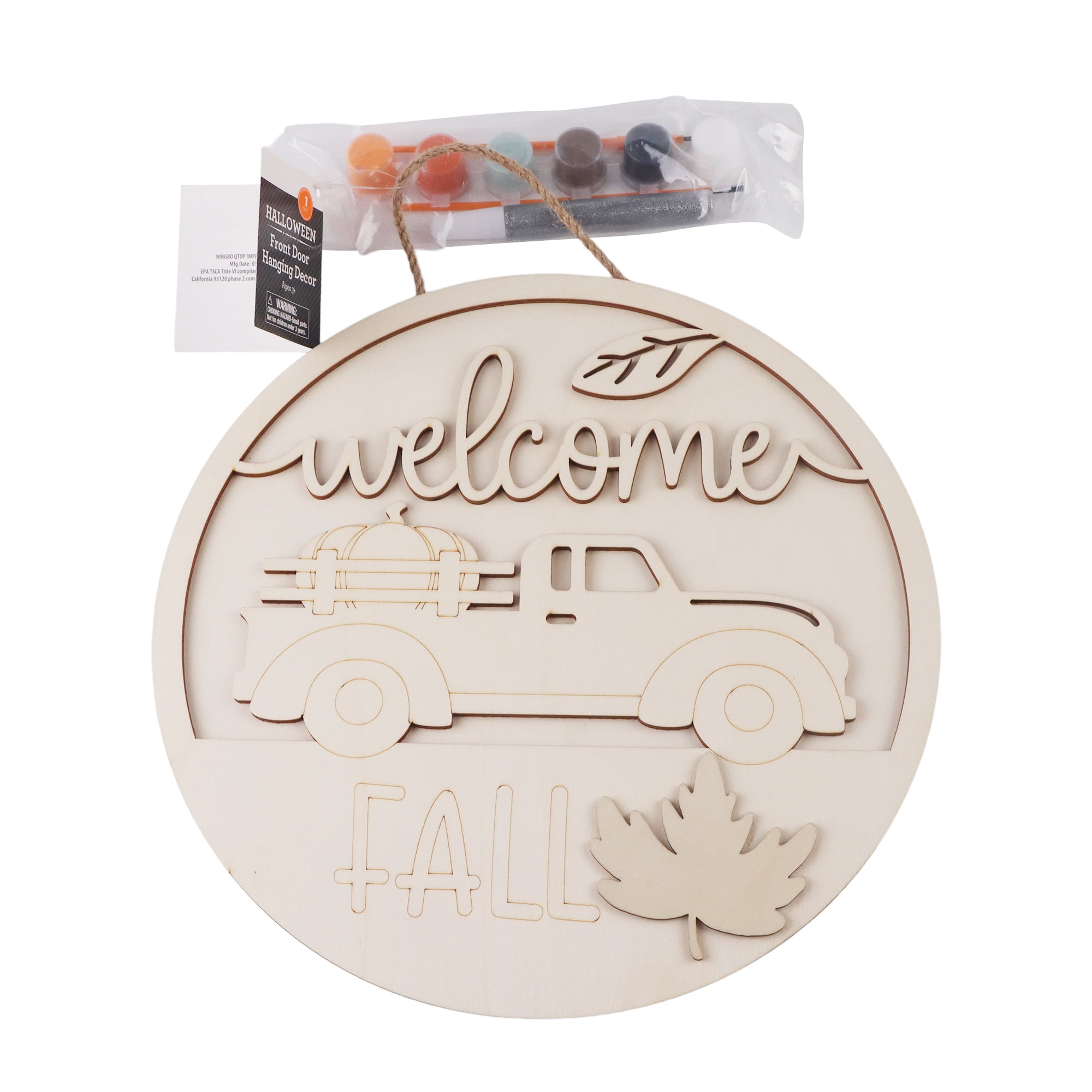 Front Door Hanging Decor, Wooden Welcome Fall Crafting Decor with Paint Kit, 11.8 x 11.8 Inches