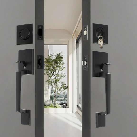 Front Door Lock Set, Door Handle Set, Door Set with Reversible Handle Lever Black