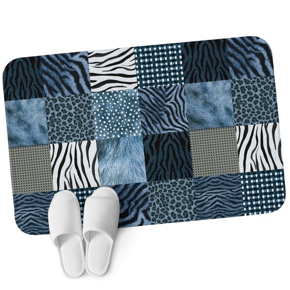 Front Door Mat 15.7"x23.6", Animals Print Plaid Non Slip Backing & Low Profile Doormats, Absorbent Muddy Dirt Trapper Door Mats for Front Back Door All-Weather Blue Checkered Leopard Textured
