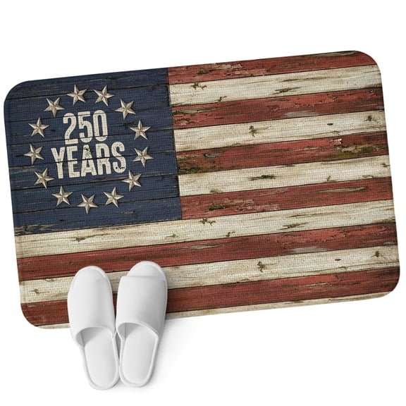 Front Door Mat 15.7"x23.6", Anniversary USA Flag Non Slip Backing & Low Profile Doormats, Absorbent Muddy Dirt Trapper Door Mats for Front Back Door Entryway All-Weather Vintage American Flag Wood