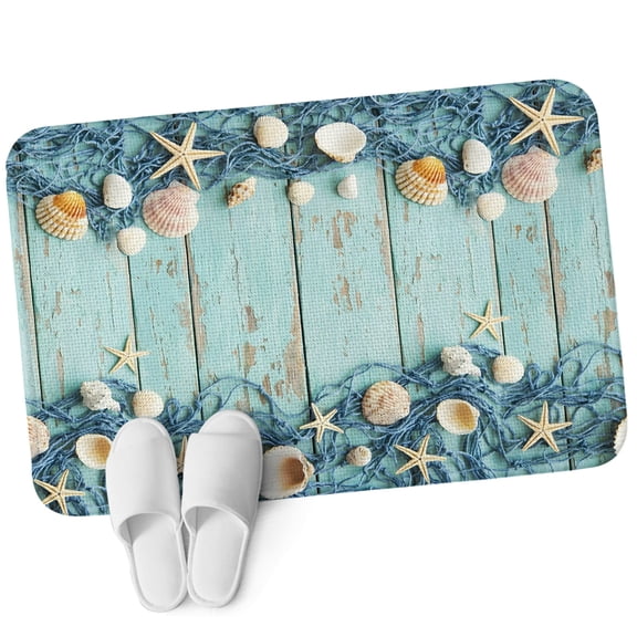 Front Door Mat 15.7"x23.6", Aqua Deck Coastal Non Slip Backing & Low Profile Doormats, Absorbent Muddy Dirt Trapper Door Mats for Front Back Door All-Weather Summer Beach Starfish Conch Fishing Net