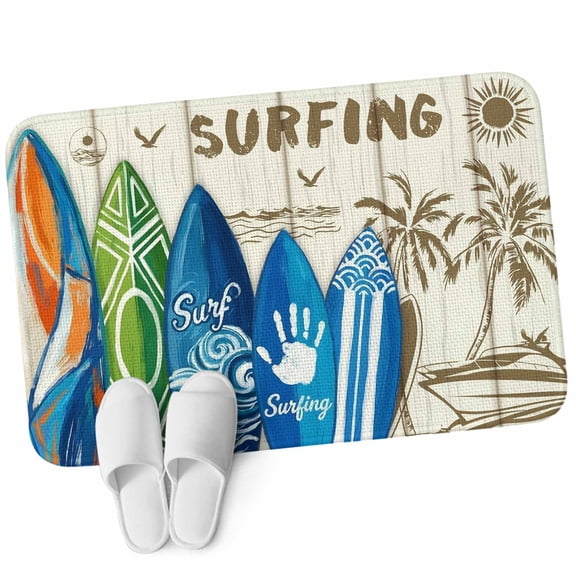 Front Door Mat 15.7"x23.6", Beach Surfboard Non Slip Backing & Low Profile Doormats, Absorbent Muddy Dirt Trapper Door Mats for Front Back Door Entryway Summer Sea Surfing Tropical Botanical Tree