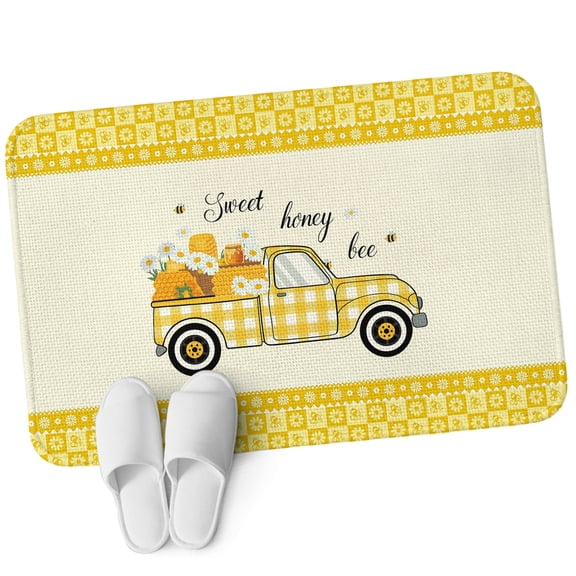 Front Door Mat 15.7"x23.6", Bee Truck Non Slip Backing & Low Profile Doormats, Absorbent Muddy Dirt Trapper Door Mats for Front Back Door All-Weather Yellow Honey Daisy Floral Patterned Plaid