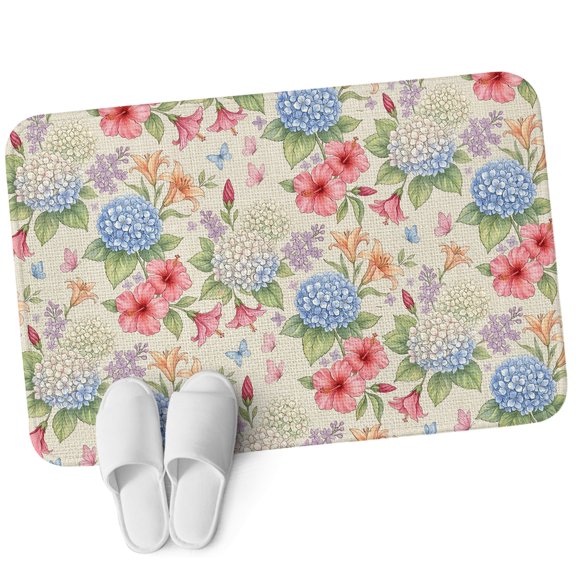 Front Door Mat 15.7"x23.6", Beige Blue Hydrangea Non Slip Backing & Low Profile Doormats, Absorbent Muddy Dirt Trapper Door Mats for Front Back Door All-Weather Farmhouse Floral Botanical Burlap