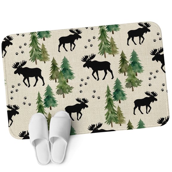 Front Door Mat 15.7"x23.6", Black Green Moose Non Slip Backing & Low Profile Doormats, Absorbent Muddy Dirt Trapper Door Mats for Front Back Door Entryway All-Weather Modern Animals Trees Rustic
