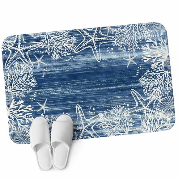 Front Door Mat 15.7"x23.6", Blue Coastal Non Slip Backing & Low Profile Doormats, Absorbent Muddy Dirt Trapper Door Mats for Front Back Door Entryway Summer Ocean Sea Waves Starfish Corals