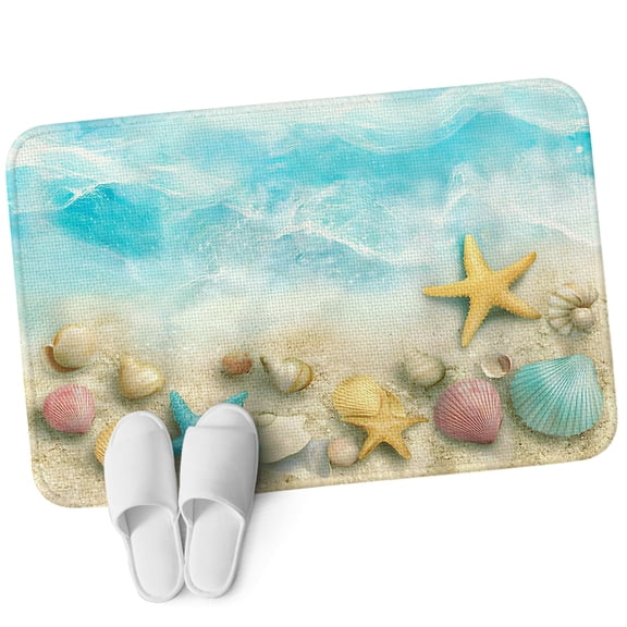 Front Door Mat 15.7"x23.6", Blue Summer Beach Non Slip Backing & Low Profile Doormats, Absorbent Muddy Dirt Trapper Door Mats for Front Back Door All-Weather Coastal Starfish Shell Nautical Waves