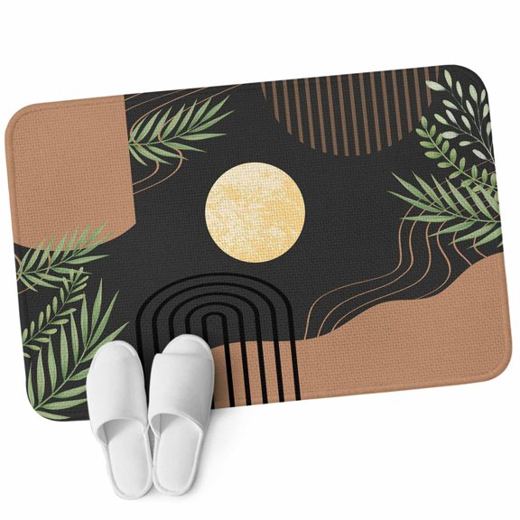 Front Door Mat 15.7"x23.6", Boho Black Non Slip Backing & Low Profile Doormats, Absorbent Muddy Dirt Trapper Door Mats for Front Back Door Entryway All-Weather Brown Modern Stripes Moon Abstract Leaf