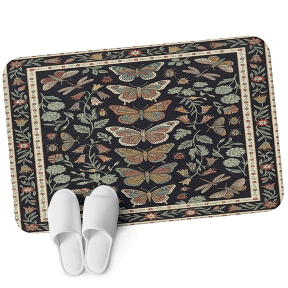 Front Door Mat 15.7"x23.6", Boho Botanical Non Slip Backing & Low Profile Doormats, Absorbent Muddy Dirt Trapper Door Mats for Front Back Door All-Weather Vintage Bohemia Green Butterflies Flowers