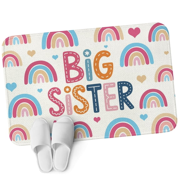 Front Door Mat 15.7"x23.6", Boho Colorful Rainbow Non Slip Backing & Low Profile Doormats, Absorbent Muddy Dirt Trapper Door Mats for Front Back Door All-Weather Cartons Rainbows BIG SISTER Text