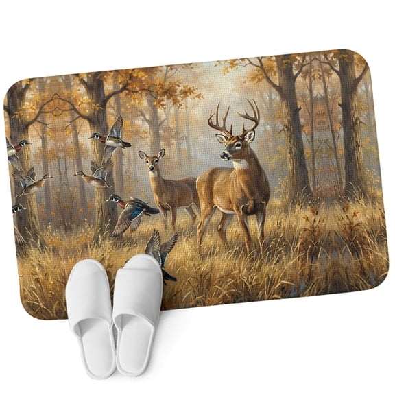Front Door Mat 15.7"x23.6", Brown Deer Birds Non Slip Backing & Low Profile Doormats, Absorbent Muddy Dirt Trapper Door Mats for Front Back Door All-Weather Autumn Forest Trees Grass Natural Scenery