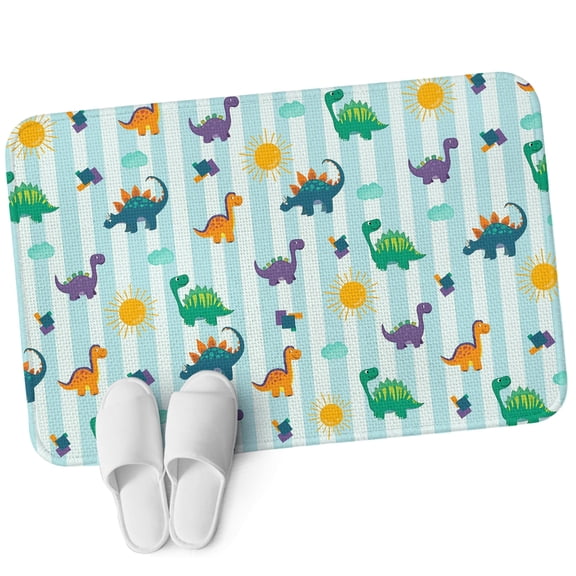 Front Door Mat 15.7"x23.6", Cartoon Dinosaur Non Slip Backing & Low Profile Doormats, Absorbent Muddy Dirt Trapper Door Mats for Front Back Door All-Weather Watercolor Green Orange Dino Sun Striped