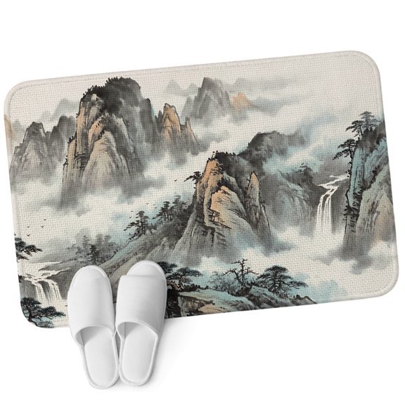 Front Door Mat 15.7"x23.6", Chinese Ink Painting Non Slip Backing & Low Profile Doormats, Absorbent Muddy Dirt Trapper Door Mats for Front Back Door Entryway All-Weather Mountain Cloud Modern Art