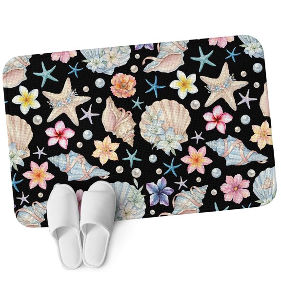 Front Door Mat 15.7"x23.6", Coastal Non Slip Backing & Low Profile Doormats, Absorbent Muddy Dirt Trapper Door Mats for Front Back Door All-Weather Summer Nautical Ocean Floral Shell Starfish Black