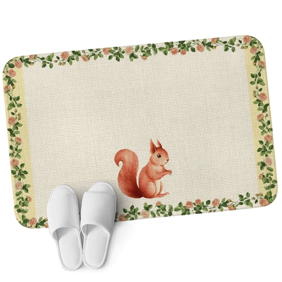 Front Door Mat 15.7"x23.6", Country Squirrels Non Slip Backing & Low Profile Doormats, Absorbent Muddy Dirt Trapper Door Mats for Front Back Door All-Weather Farmhouse Rustic Flower Leaf Plant Beige