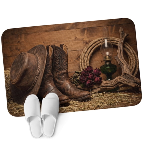 Front Door Mat 15.7"x23.6", Cowboy Western Non Slip Backing & Low Profile Doormats, Absorbent Muddy Dirt Trapper Door Mats for Front Back Door All-Weather Cowboy Hats Boots Retro Rose Brown Wooden