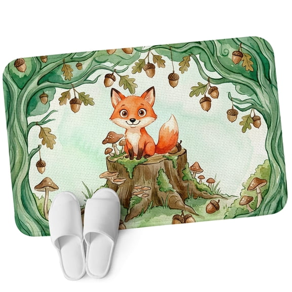 Front Door Mat 15.7"x23.6", Cute Fox Forest Non Slip Backing & Low Profile Doormats, Absorbent Muddy Dirt Trapper Door Mats for Front Back Door Entryway All-Weather Green Trees Cone Leaves Mushroom