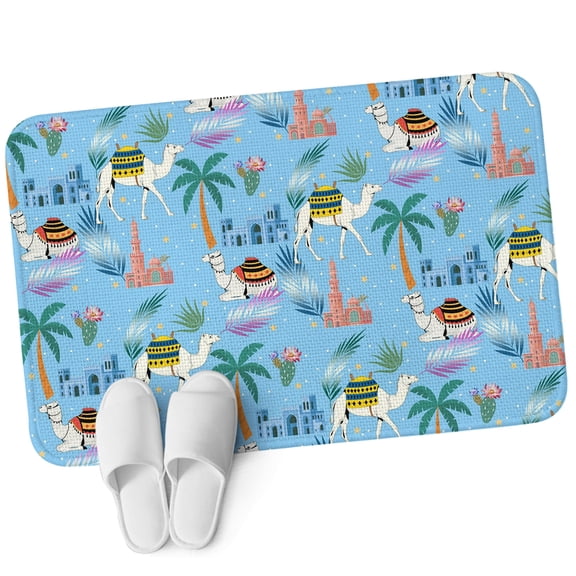 Front Door Mat 15.7"x23.6", Desert Landscape Non Slip Backing & Low Profile Doormats, Absorbent Muddy Dirt Trapper Door Mats for Front Back Door All-Weather Cute Camels Palm Trees Houses Leaves Blue