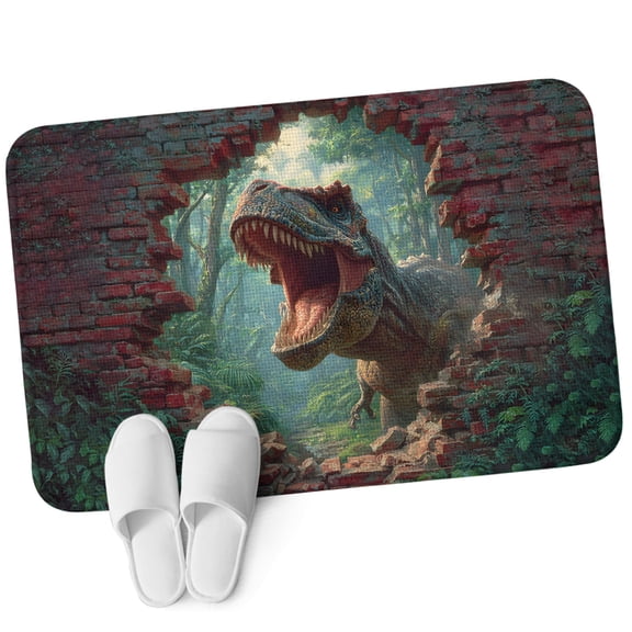 Front Door Mat 15.7"x23.6", Dinosaur Non Slip Backing & Low Profile Doormats, Absorbent Muddy Dirt Trapper Door Mats for Front Back Door All-Weather Adventure Animal Dramatic Cracked Brick Wall
