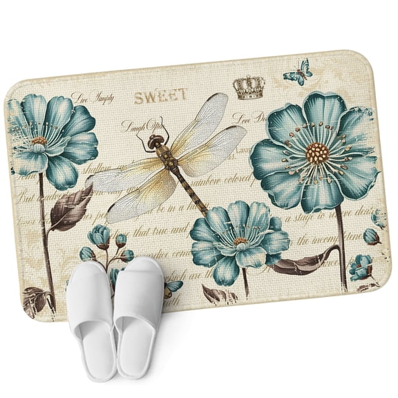 Front Door Mat 15.7"x23.6", Dragonfly Flowers Non Slip Backing & Low Profile Doormats, Absorbent Muddy Dirt Trapper Door Mats for Front Back Door All-Weather Vintage Botanical Teal Floral Leaf Beige