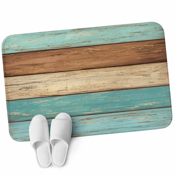 Front Door Mat 15.7"x23.6", Farmhouse Aqua Brown Non Slip Backing & Low Profile Doormats, Absorbent Muddy Dirt Trapper Door Mats for Front Back Door Entryway All-Weather Vintage Wooden Striped