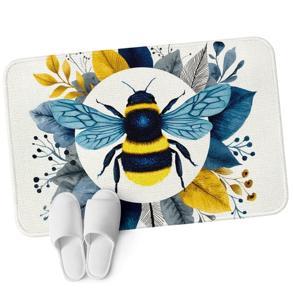 Front Door Mat 15.7"x23.6", Farmhouse Bees Non Slip Backing & Low Profile Doormats, Absorbent Muddy Dirt Trapper Door Mats for Front Back Door All-Weather Spring Summer Flowers Blossom Watercolor