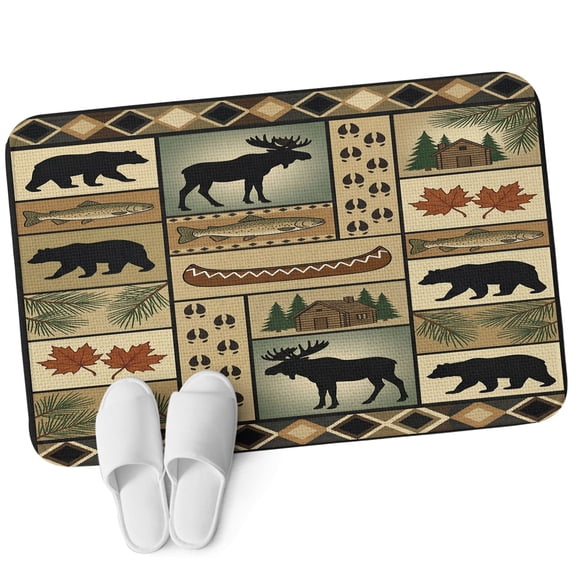 Front Door Mat 15.7"x23.6", Farmhouse Elk Bear Non Slip Backing & Low Profile Doormats, Absorbent Muddy Dirt Trapper Door Mats for Front Back Door All-Weather Country Fish Maple Leaves House Trees