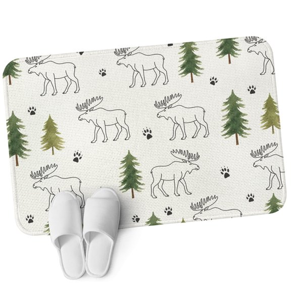 Front Door Mat 15.7"x23.6", Green Black Moose Non Slip Backing & Low Profile Doormats, Absorbent Muddy Dirt Trapper Door Mats for Front Back Door All-Weather Checkered Vintage Art Animals Trees