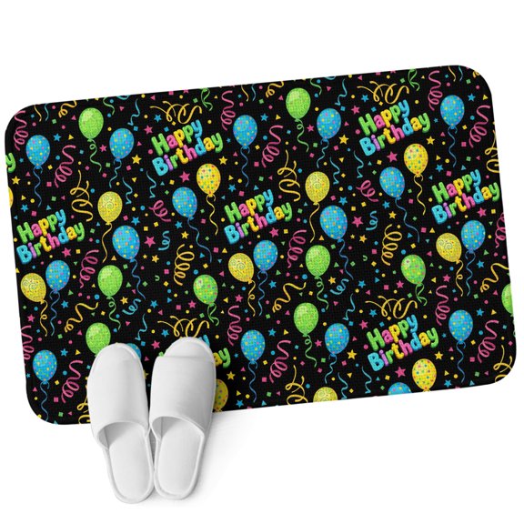 Front Door Mat 15.7"x23.6", Happy Birthday Non Slip Backing & Low Profile Doormats, Absorbent Muddy Dirt Trapper Door Mats for Front Back Door Entryway All-Weather Funny Colorful Ribbon Balloon Black