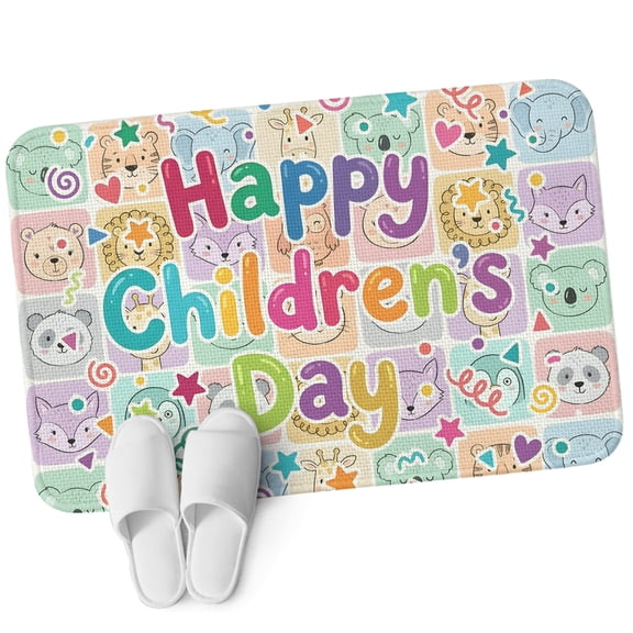 Front Door Mat 15.7"x23.6", Happy Children's Day Non Slip Backing & Low Profile Doormats, Absorbent Muddy Dirt Trapper Door Mats for Front Back Door Entryway All-Weather Cartoon Curtain Animals