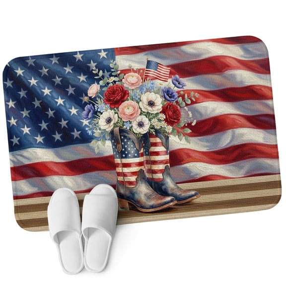 Front Door Mat 15.7"x23.6", Independence Day Non Slip Backing & Low Profile Doormats, Absorbent Muddy Dirt Trapper Door Mats for Front Back Door All-Weather Patriotic American Flag Boots Flowers