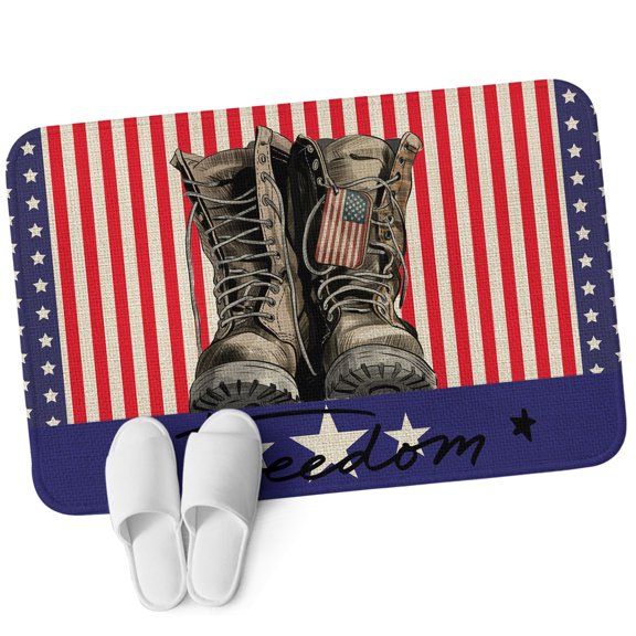 Front Door Mat 15.7"x23.6", Independence Day Non Slip Backing & Low Profile Doormats, Absorbent Muddy Dirt Trapper Door Mats for Front Back Door All-Weather Vintage Boots Red Vertical Striped US Flag