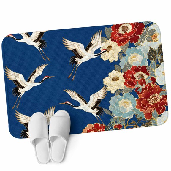 Front Door Mat 15.7"x23.6", Japanese Style Non Slip Backing & Low Profile Doormats, Absorbent Muddy Dirt Trapper Door Mats for Front Back Door All-Weather Blue Rustic Botanical Blossom Peony Birds