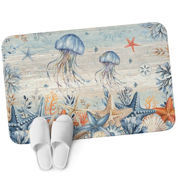 Front Door Mat 15.7"x23.6", Jellyfish Coastal Non Slip Backing & Low Profile Doormats, Absorbent Muddy Dirt Trapper Door Mats for Front Back Door All-Weather Summer Beach Coral Starfish Blue Grey