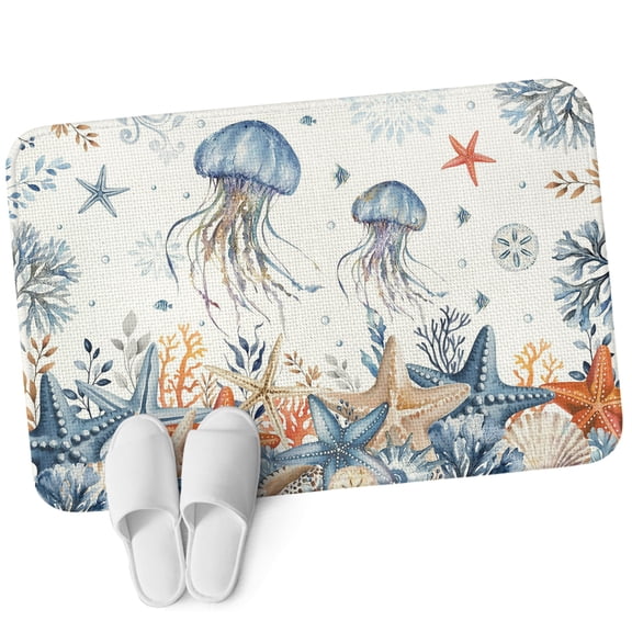 Front Door Mat 15.7"x23.6", Jellyfish Coastal Non Slip Backing & Low Profile Doormats, Absorbent Muddy Dirt Trapper Door Mats for Front Back Door All-Weather Summer Beach Coral Starfish Ocean