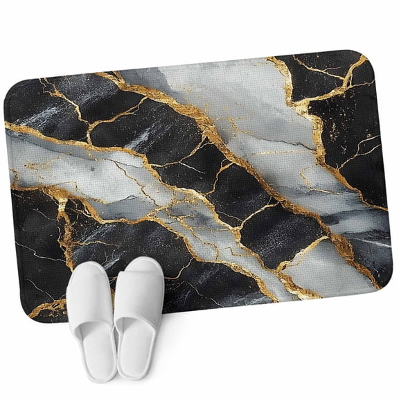 Front Door Mat 15.7"x23.6", Marble Black Non Slip Backing & Low Profile Doormats, Absorbent Muddy Dirt Trapper Door Mats for Front Back Door Entryway All-Weather Grey Granite Surface Luxury Gold Foil