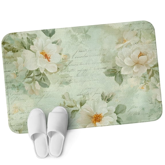 Front Door Mat 15.7"x23.6", Mint Green Camellia Non Slip Backing Low Profile Doormats, Absorbent Muddy Dirt Trapper Door Mats for Front Back Door Watercolor Botanical Flowers Leaves Spring