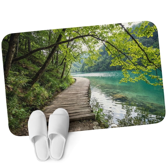 Front Door Mat 15.7"x23.6", Nature Scenery Non Slip Backing & Low Profile Doormats, Absorbent Muddy Dirt Trapper Door Mats for Front Back Door All-Weather Forest Walkway Lake Trees Spring View