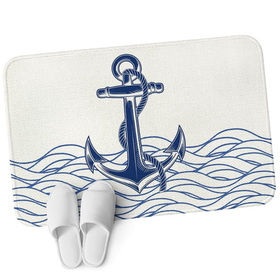 Front Door Mat 15.7"x23.6", Navy Blue Anchor Non Slip Backing & Low Profile Doormats, Absorbent Muddy Dirt Trapper Door Mats for Front Back Door All-Weather Summer Nautical Coastal Ocean Wave